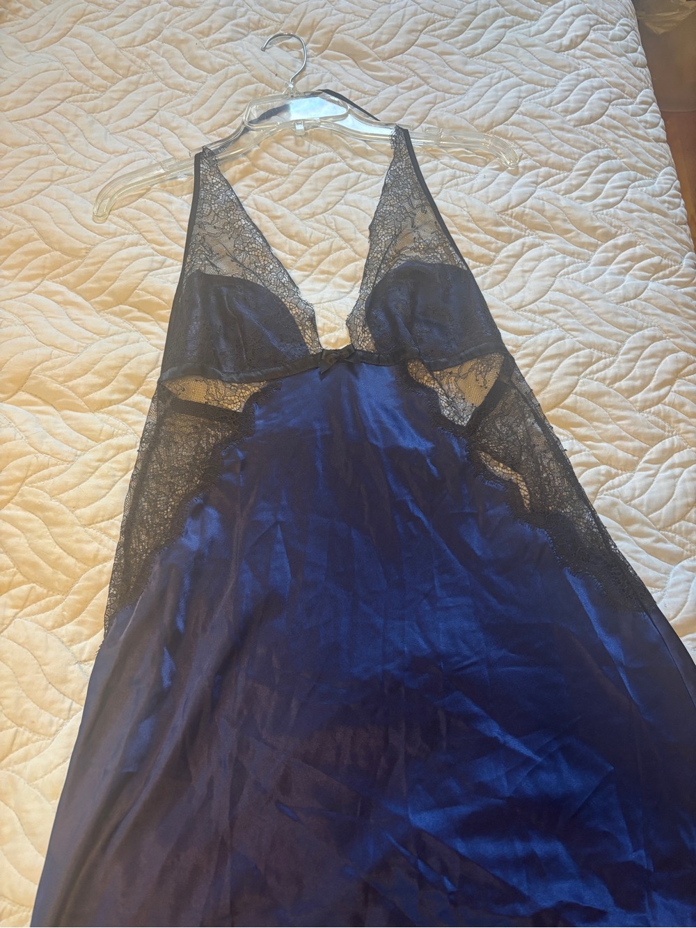 Victoria's Secret Navy Satin Chemise with Black Lace
